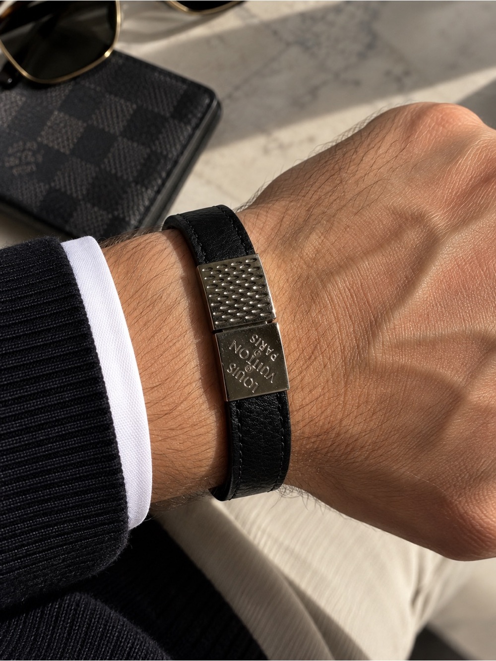 Louis Vuitton Black Leather Pull It Bracelet | Damier Silver Clasp | Size 17
